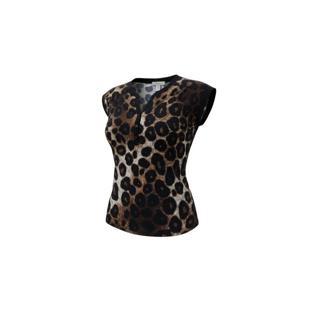 Diana Belle Cap Sleeve Top Womens M Brown Leopard NWT Henley Animal Print Blouse